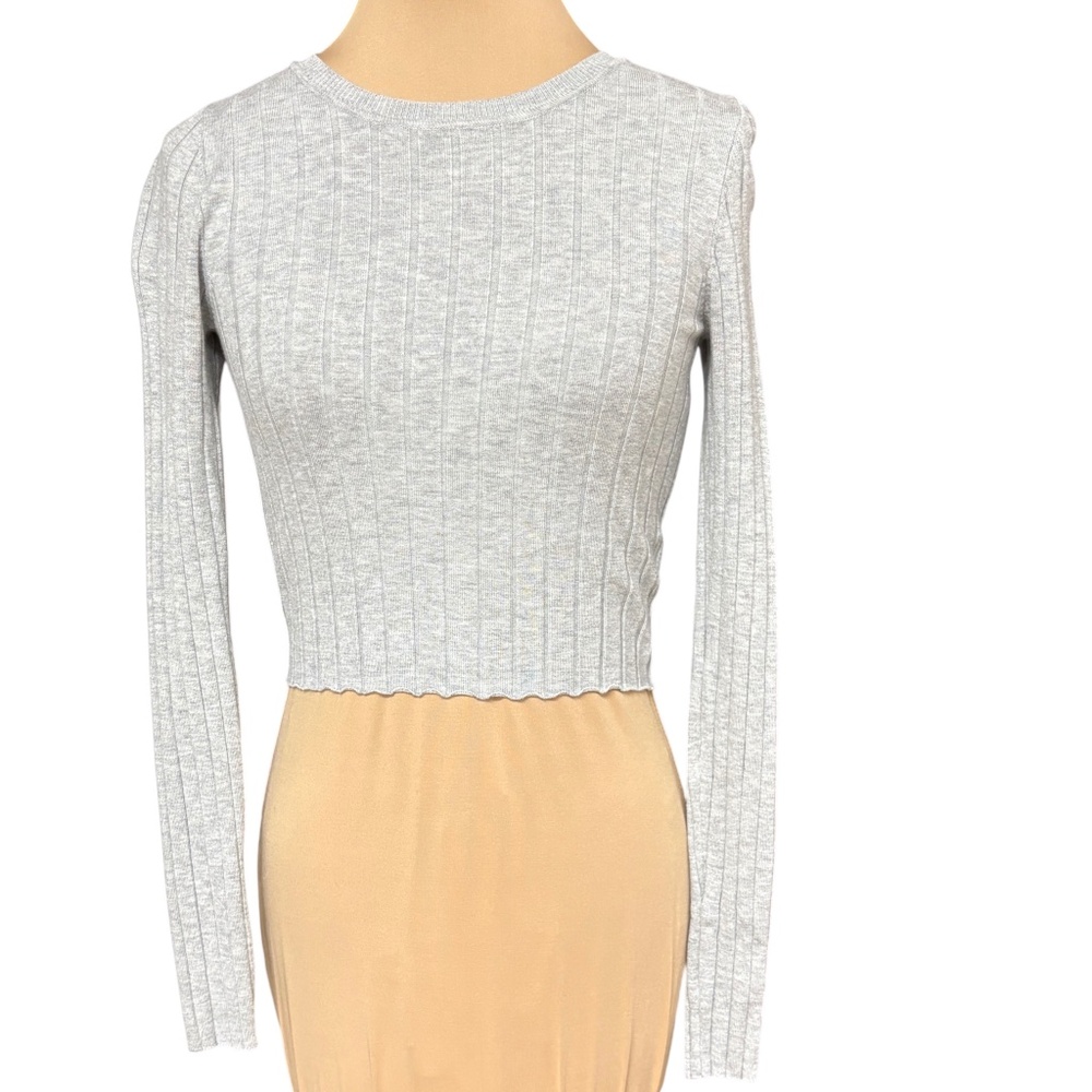 top GARAGE gray sweater S stretch viscose ribbed long sleeve crew neck fitted